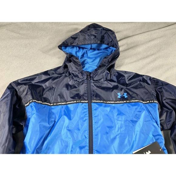 NWT‎ Under Armour Hooded Windbreaker Rain Jacket Boys Youth XL Blue Black - Picture 1 of 7